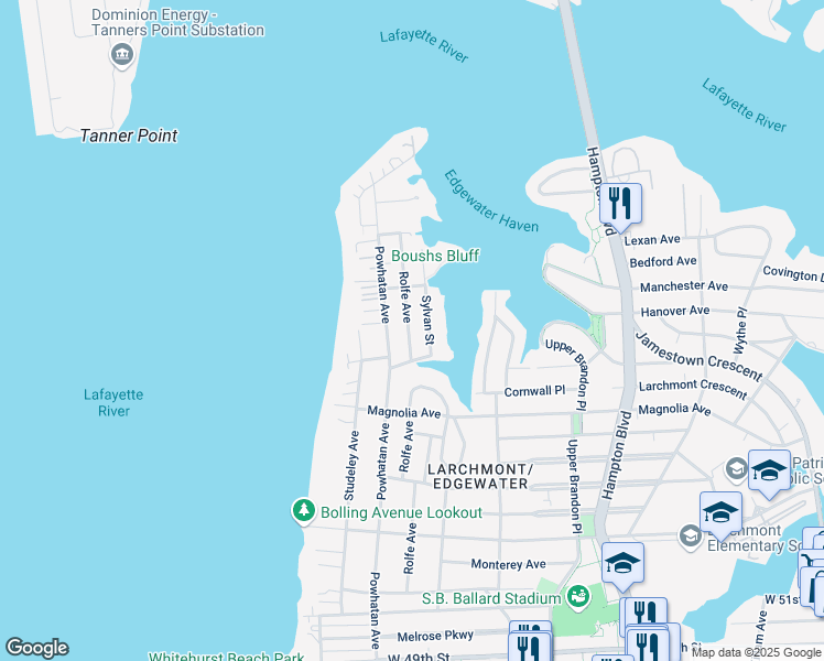 map of restaurants, bars, coffee shops, grocery stores, and more near 6124 Rolfe Avenue in Norfolk