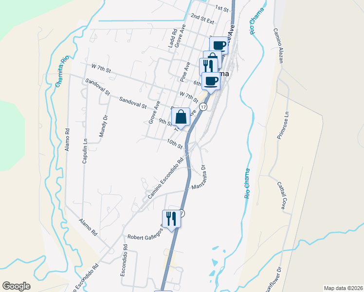 map of restaurants, bars, coffee shops, grocery stores, and more near Camino Escondido in Chama