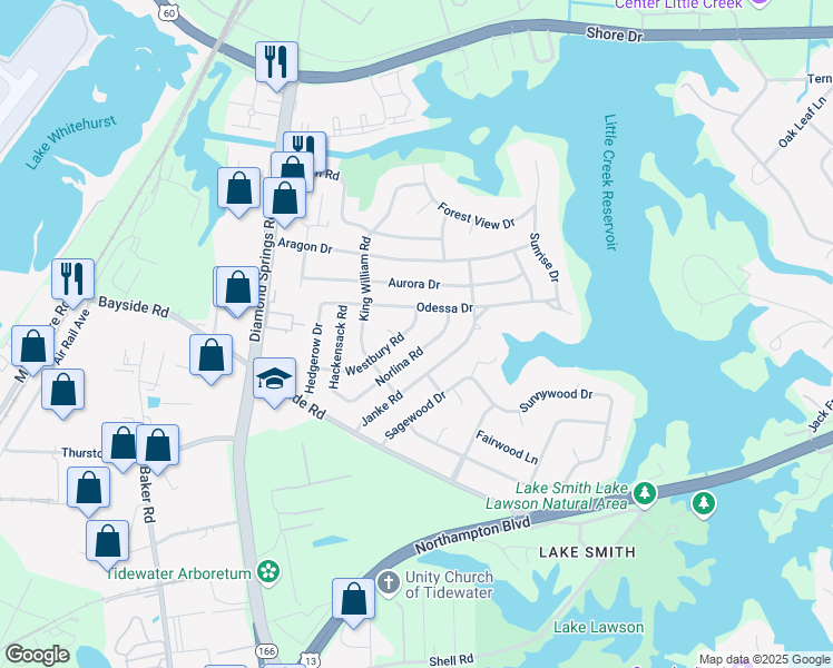 map of restaurants, bars, coffee shops, grocery stores, and more near 5537 Norlina Road in Virginia Beach