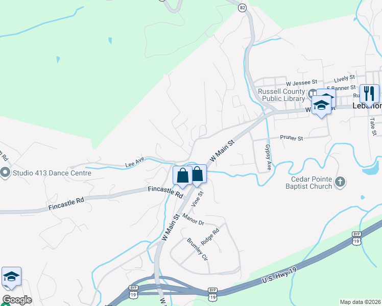 map of restaurants, bars, coffee shops, grocery stores, and more near Old Fincastle Road in Lebanon