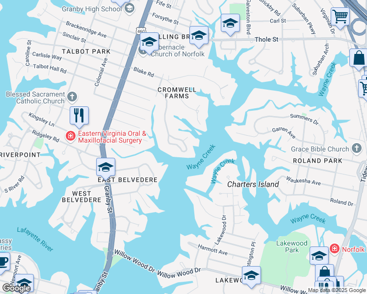 map of restaurants, bars, coffee shops, grocery stores, and more near 252 Sir Oliver Road in Norfolk