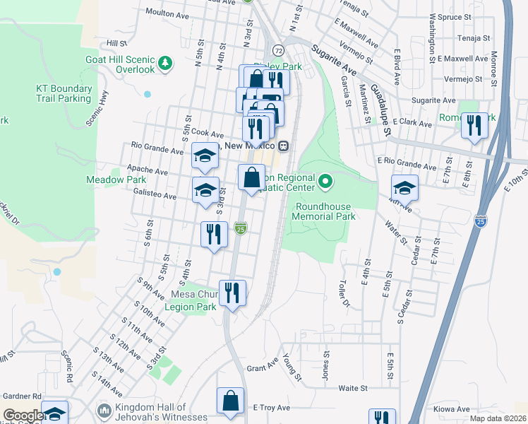 map of restaurants, bars, coffee shops, grocery stores, and more near 501 South 1st Street in Raton