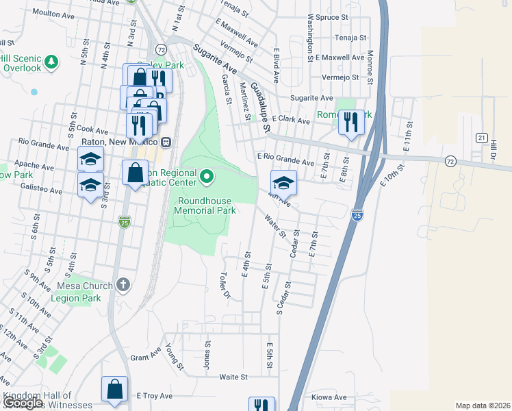 map of restaurants, bars, coffee shops, grocery stores, and more near 129 Water Street in Raton