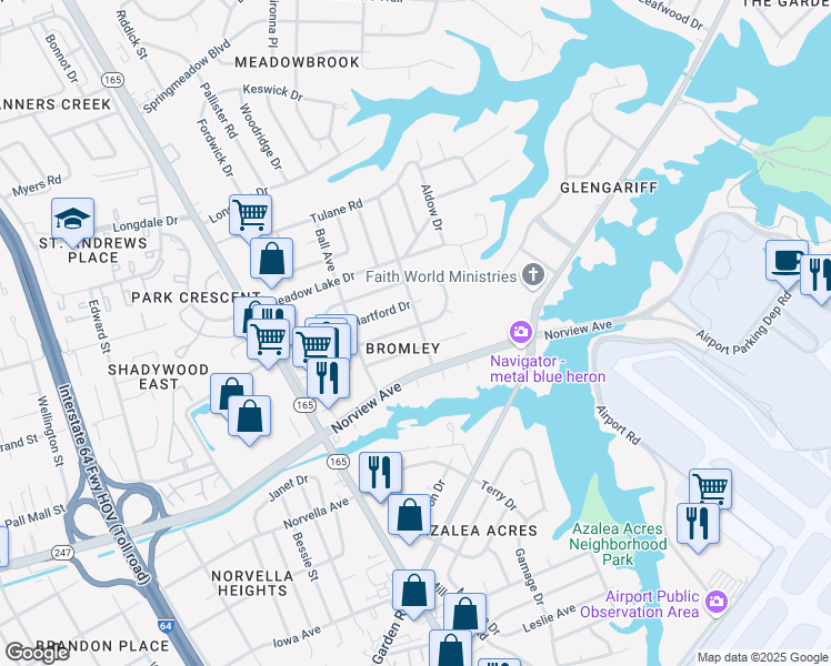 map of restaurants, bars, coffee shops, grocery stores, and more near 1833 South Lakeland Drive in Norfolk