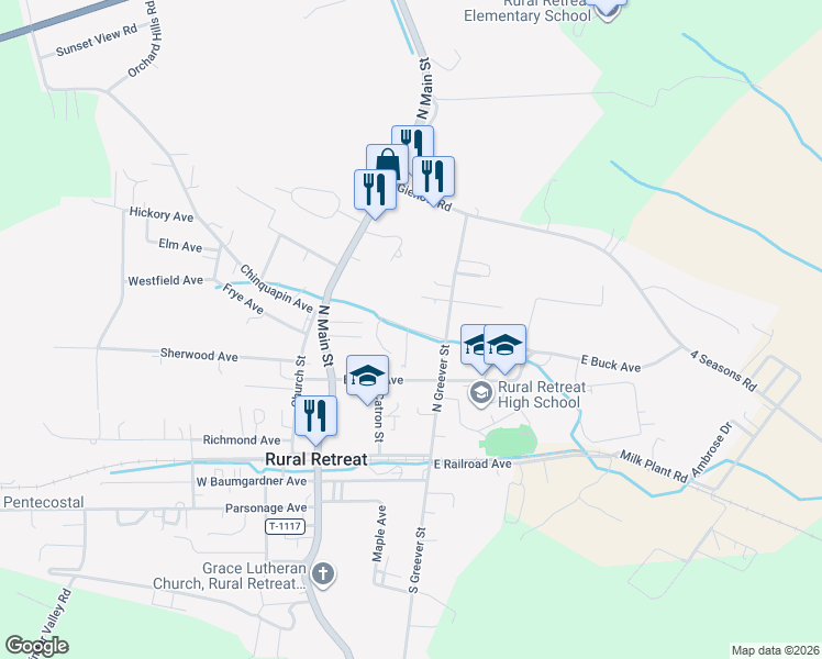 map of restaurants, bars, coffee shops, grocery stores, and more near 200-224 Chestnut Avenue in Rural Retreat