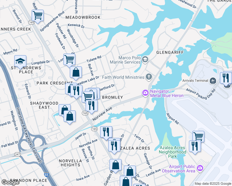 map of restaurants, bars, coffee shops, grocery stores, and more near 1833 South Lakeland Drive in Norfolk