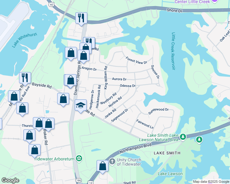map of restaurants, bars, coffee shops, grocery stores, and more near 5500 Westbury Road in Virginia Beach