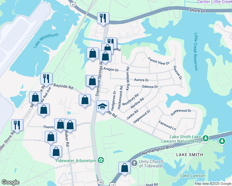 map of restaurants, bars, coffee shops, grocery stores, and more near 5617 Odessa Drive in Virginia Beach