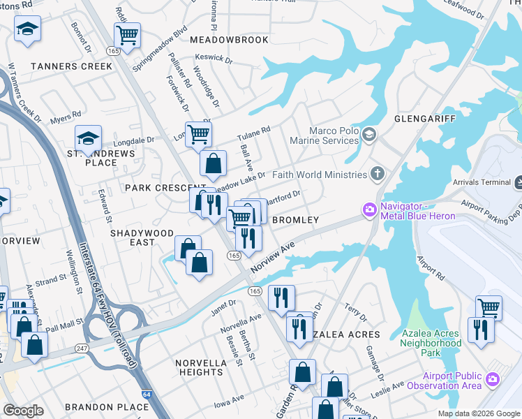 map of restaurants, bars, coffee shops, grocery stores, and more near 6304 Ball Avenue in Norfolk