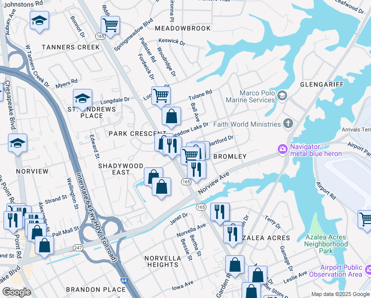 map of restaurants, bars, coffee shops, grocery stores, and more near 1726 North Lakeland Drive in Norfolk