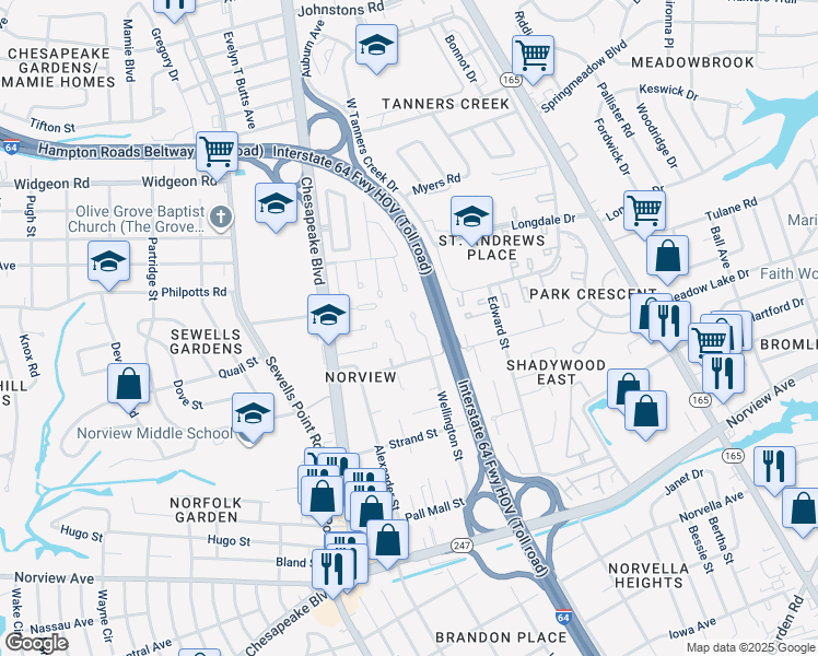 map of restaurants, bars, coffee shops, grocery stores, and more near 6451 Wellington Street in Norfolk