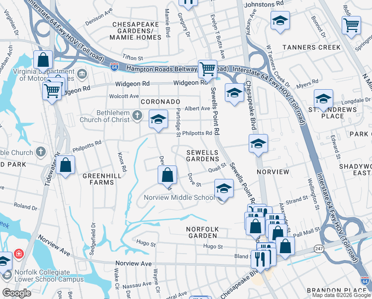 map of restaurants, bars, coffee shops, grocery stores, and more near 6466 Clare Road in Norfolk