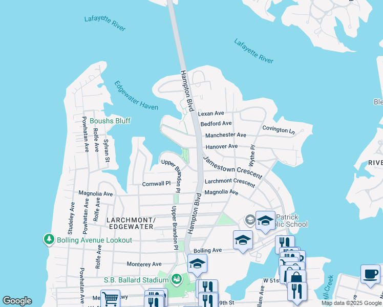 map of restaurants, bars, coffee shops, grocery stores, and more near 6205 Hampton Boulevard in Norfolk