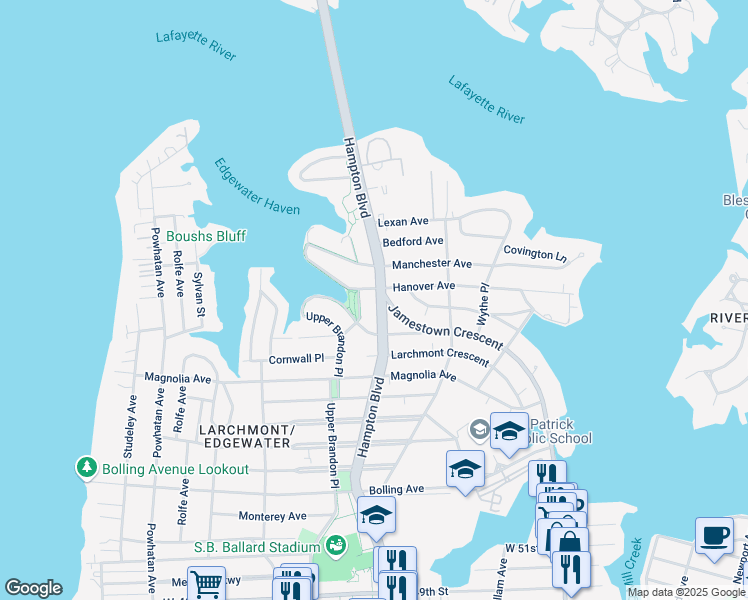 map of restaurants, bars, coffee shops, grocery stores, and more near 6133 Hampton Boulevard in Norfolk