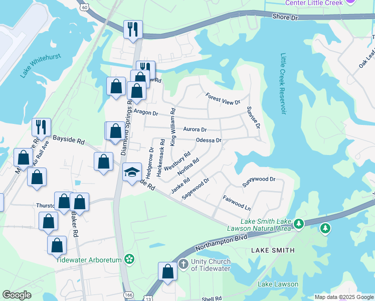 map of restaurants, bars, coffee shops, grocery stores, and more near 5500 Westbury Road in Virginia Beach