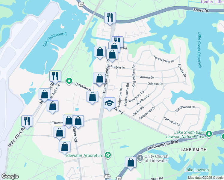 map of restaurants, bars, coffee shops, grocery stores, and more near 1600 Diamond Springs Road in Virginia Beach