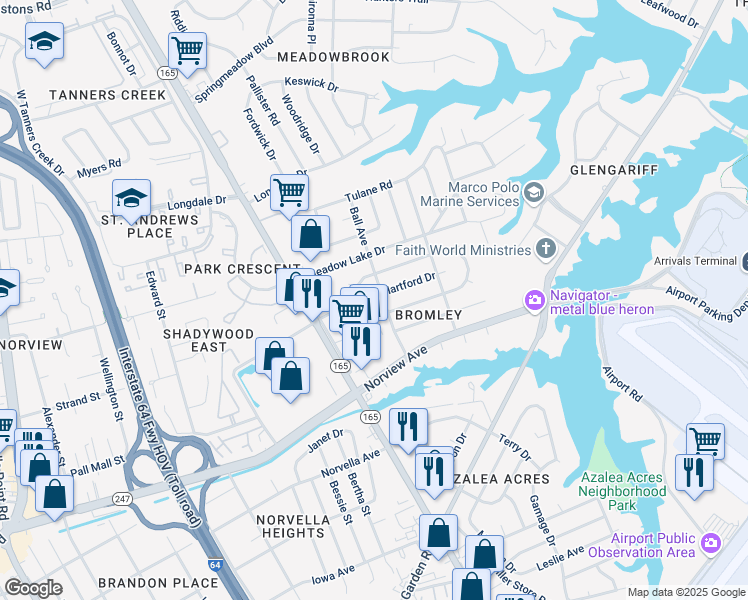 map of restaurants, bars, coffee shops, grocery stores, and more near 6243 Ball Avenue in Norfolk