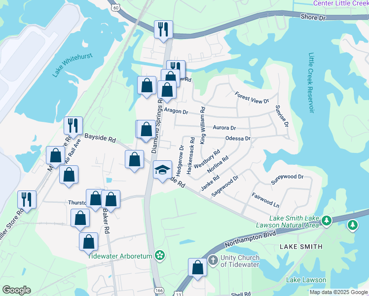 map of restaurants, bars, coffee shops, grocery stores, and more near 5617 Odessa Drive in Virginia Beach