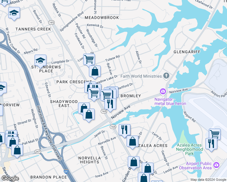 map of restaurants, bars, coffee shops, grocery stores, and more near 6243 Ball Avenue in Norfolk