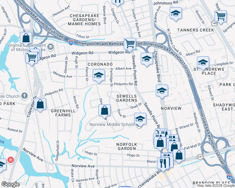 map of restaurants, bars, coffee shops, grocery stores, and more near 1009 Philpotts Road in Norfolk
