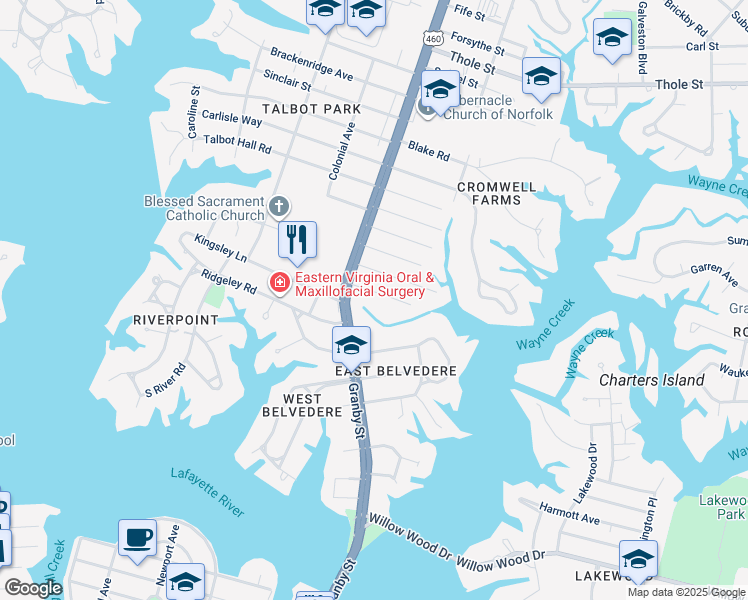map of restaurants, bars, coffee shops, grocery stores, and more near 117 Beverly Avenue in Norfolk