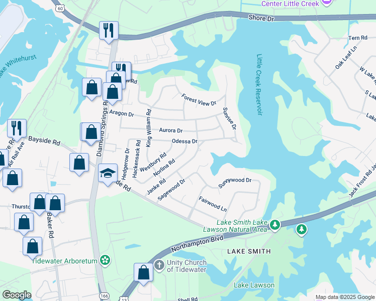 map of restaurants, bars, coffee shops, grocery stores, and more near 5508 Norlina Road in Virginia Beach