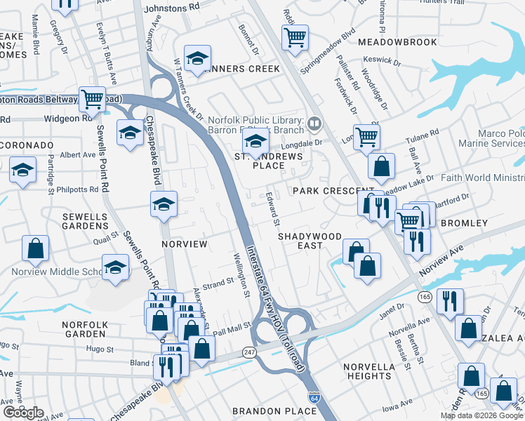 map of restaurants, bars, coffee shops, grocery stores, and more near 6455 Edward Street in Norfolk