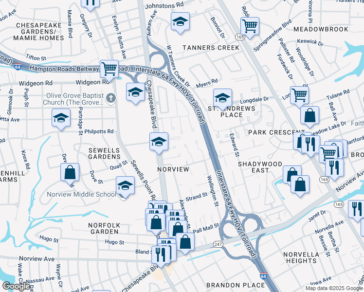 map of restaurants, bars, coffee shops, grocery stores, and more near 6451 Wellington Street in Norfolk