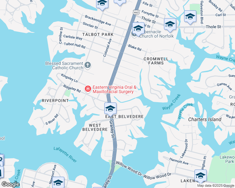 map of restaurants, bars, coffee shops, grocery stores, and more near 117 Beverly Avenue in Norfolk