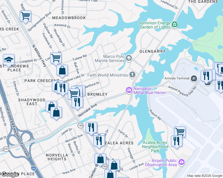 map of restaurants, bars, coffee shops, grocery stores, and more near 1925 South Lakeland Drive in Norfolk