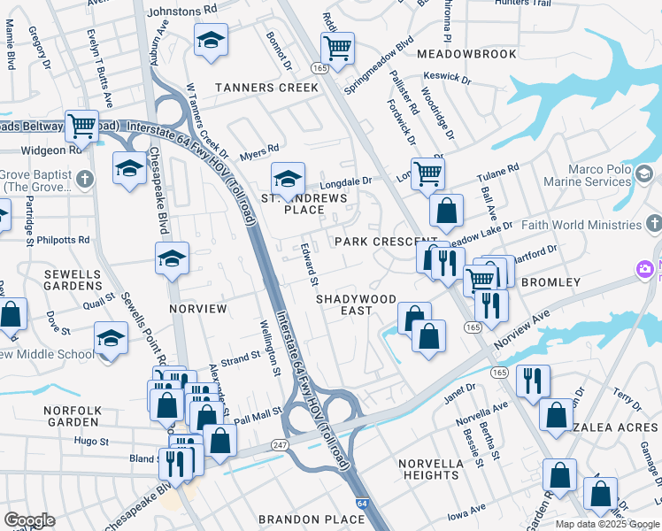 map of restaurants, bars, coffee shops, grocery stores, and more near 1369 East Tanners Creek Drive in Norfolk