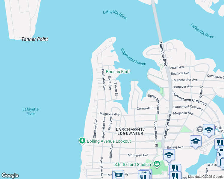 map of restaurants, bars, coffee shops, grocery stores, and more near 6132 Rolfe Avenue in Norfolk