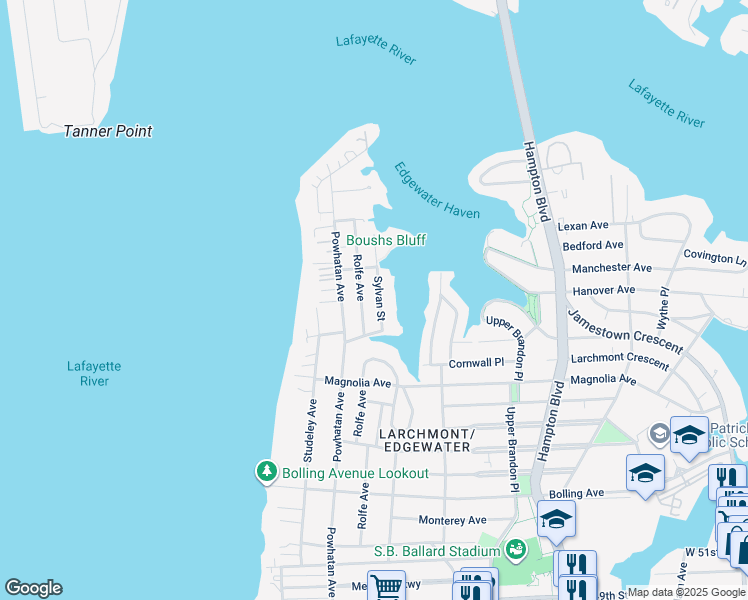 map of restaurants, bars, coffee shops, grocery stores, and more near 6147 Sylvan Street in Norfolk