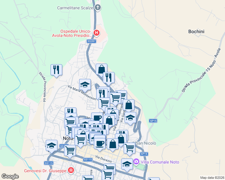 map of restaurants, bars, coffee shops, grocery stores, and more near 26 Vico G. Messina in Noto