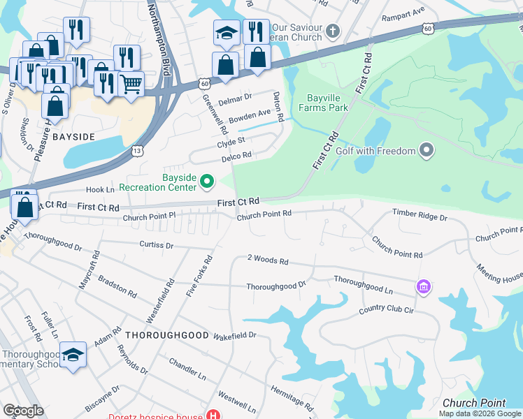 map of restaurants, bars, coffee shops, grocery stores, and more near 4144 Church Point Road in Virginia Beach