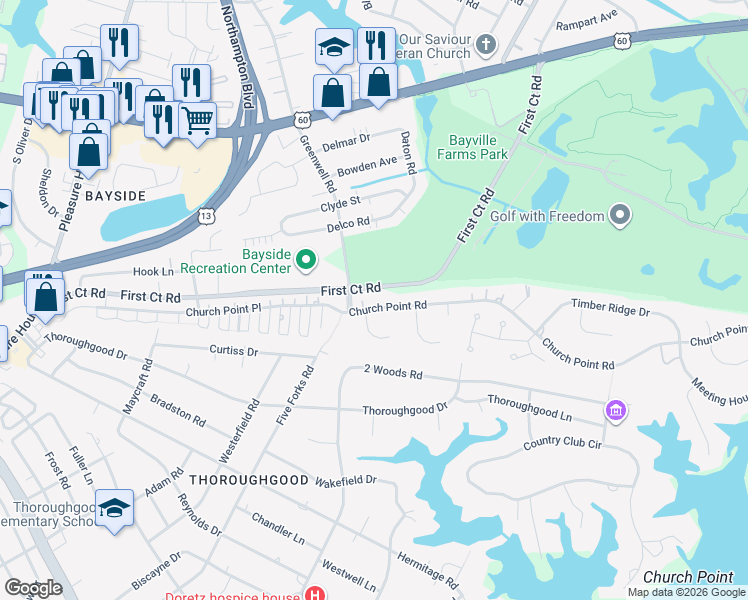 map of restaurants, bars, coffee shops, grocery stores, and more near 4144 Church Point Road in Virginia Beach