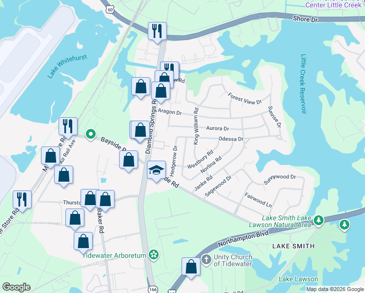 map of restaurants, bars, coffee shops, grocery stores, and more near 5617 Odessa Drive in Virginia Beach