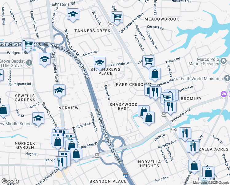 map of restaurants, bars, coffee shops, grocery stores, and more near 1369 East Tanners Creek Drive in Norfolk