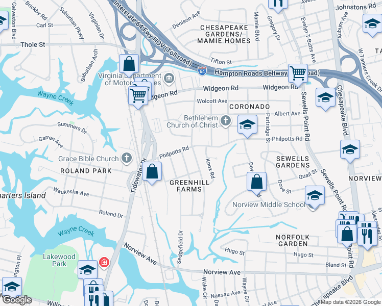 map of restaurants, bars, coffee shops, grocery stores, and more near 880 Philpotts Road in Norfolk