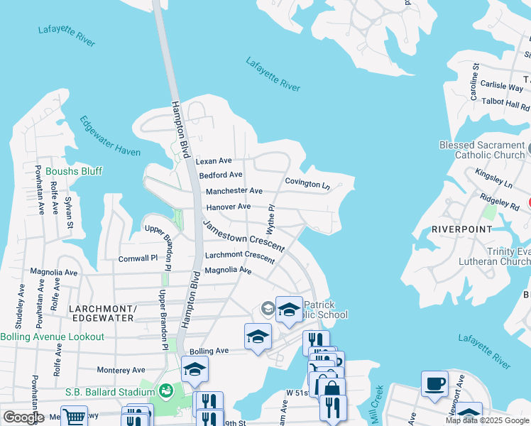 map of restaurants, bars, coffee shops, grocery stores, and more near 1044 Hanover Avenue in Norfolk