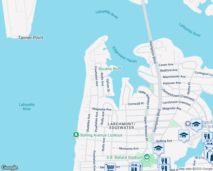 map of restaurants, bars, coffee shops, grocery stores, and more near 6147 Sylvan Street in Norfolk
