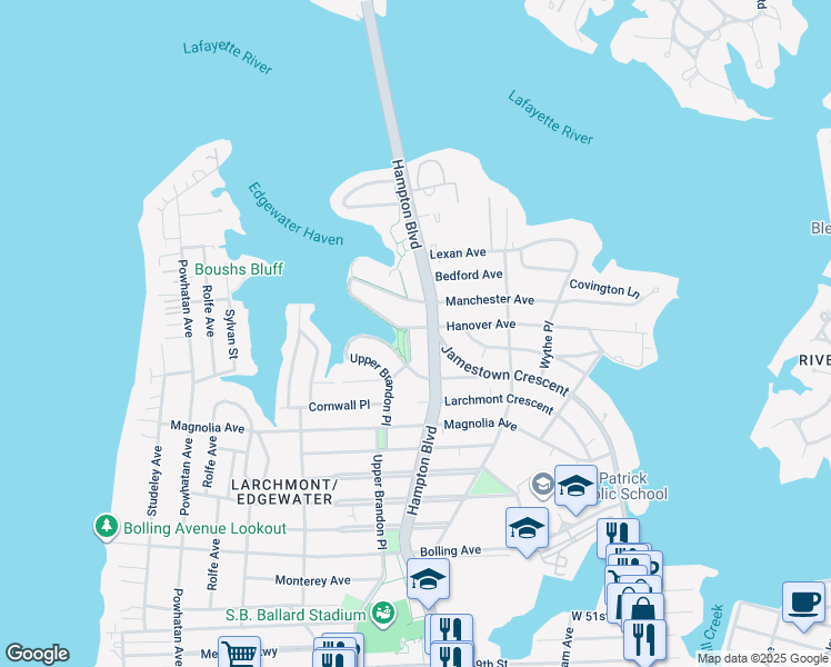 map of restaurants, bars, coffee shops, grocery stores, and more near 6132 Myrtle Park in Norfolk