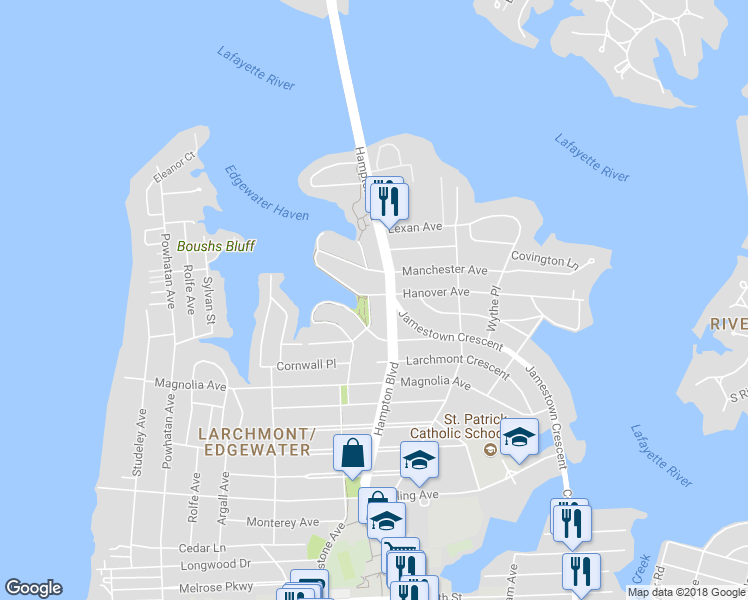 map of restaurants, bars, coffee shops, grocery stores, and more near 6132 Myrtle Park in Norfolk