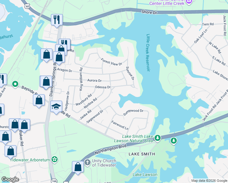 map of restaurants, bars, coffee shops, grocery stores, and more near 5536 Odessa Drive in Virginia Beach