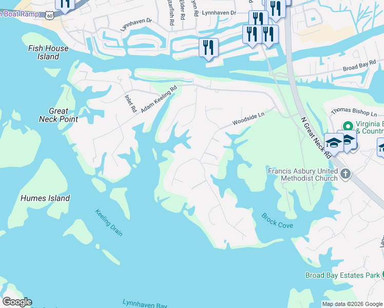 map of restaurants, bars, coffee shops, grocery stores, and more near 1904 Estates Drive in Virginia Beach