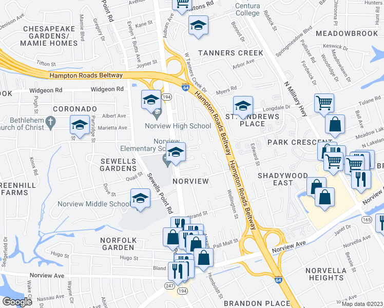 map of restaurants, bars, coffee shops, grocery stores, and more near 1232 Curie Court in Norfolk