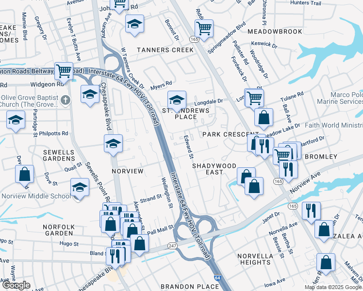 map of restaurants, bars, coffee shops, grocery stores, and more near 6455 Edward Street in Norfolk