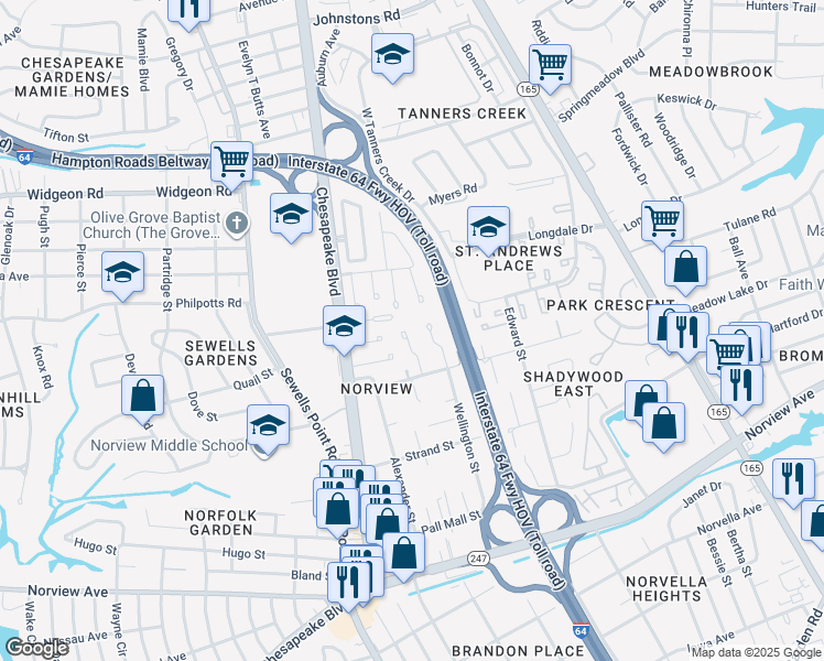 map of restaurants, bars, coffee shops, grocery stores, and more near 6451 Wellington Street in Norfolk