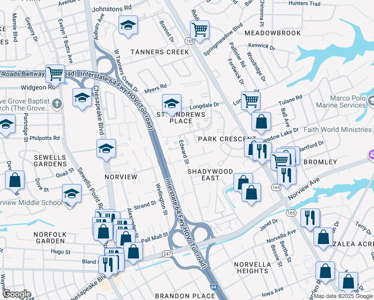 map of restaurants, bars, coffee shops, grocery stores, and more near 6412 Edward Street in Norfolk