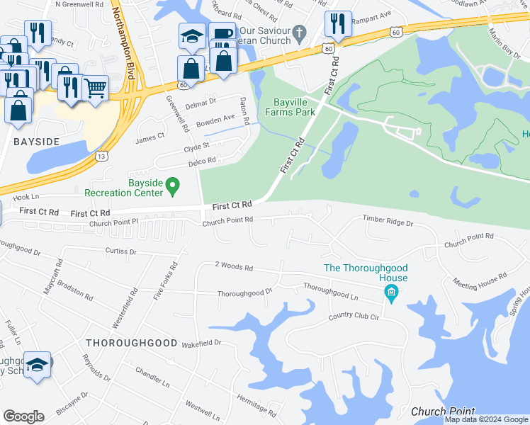 map of restaurants, bars, coffee shops, grocery stores, and more near 4116 Church Point Road in Virginia Beach